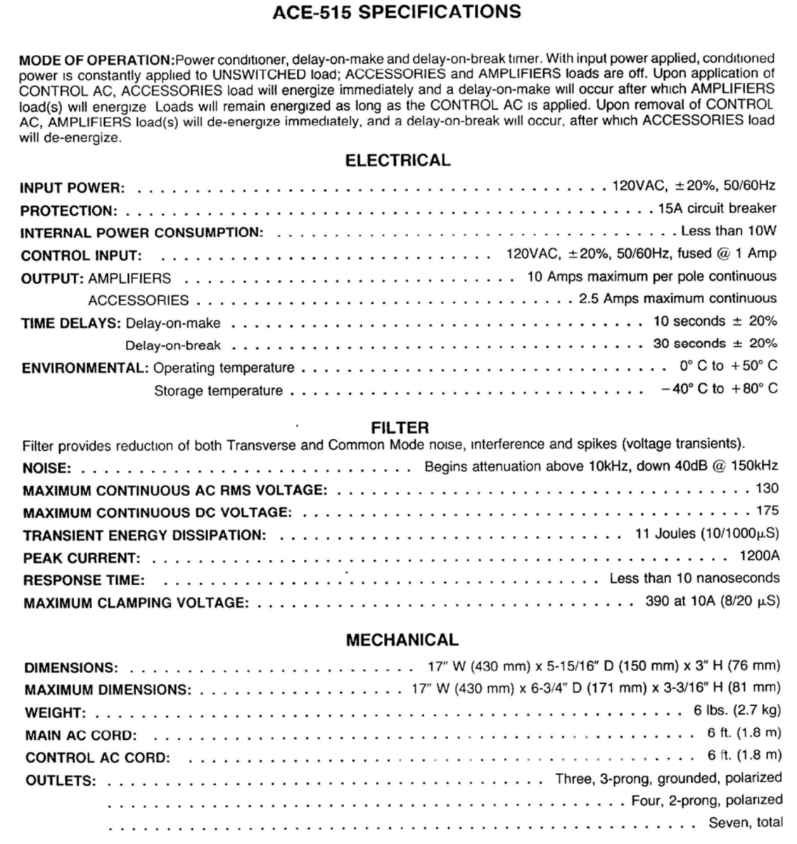 Adcom Ace-515 Ac Enhancer Power Strip & Switcher Conditioner