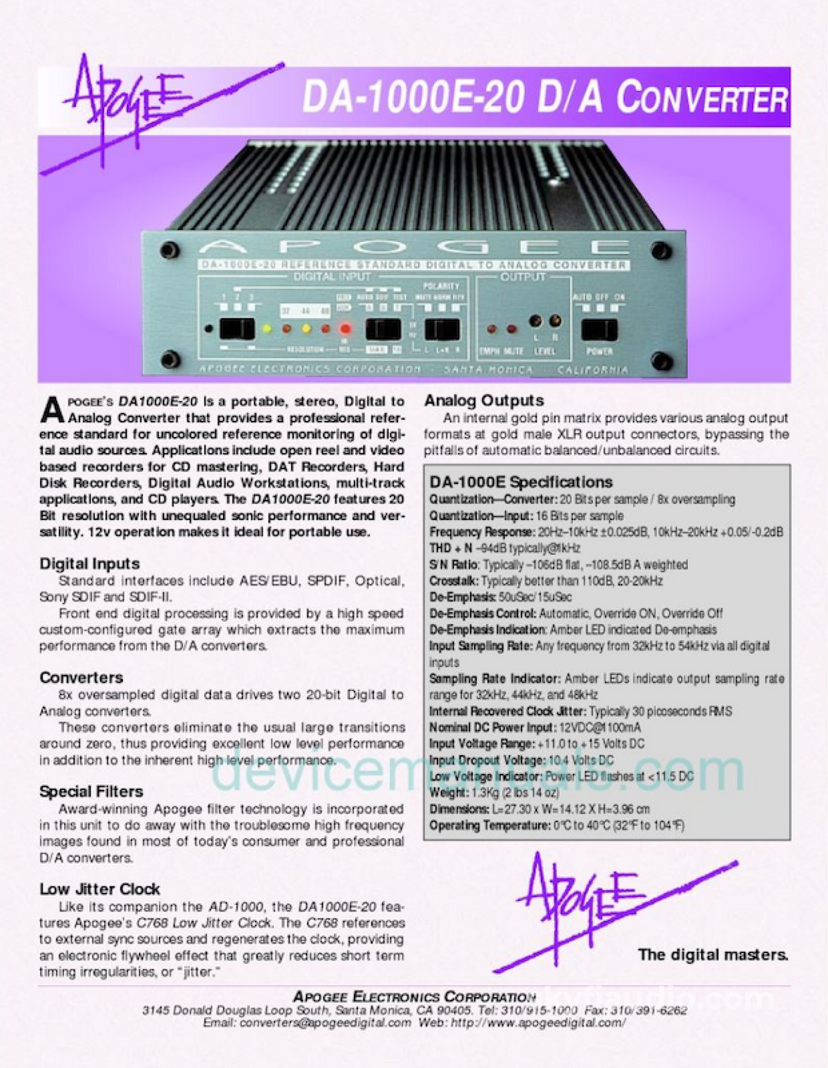Apogee Da-1000E Dac & Ps-1000E Power Supply - W/ Wyde Eye Coaxial Cable Cd + Digital