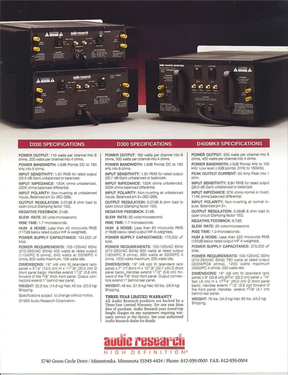 Audio Research D300 Solid State Amplifier - 160W