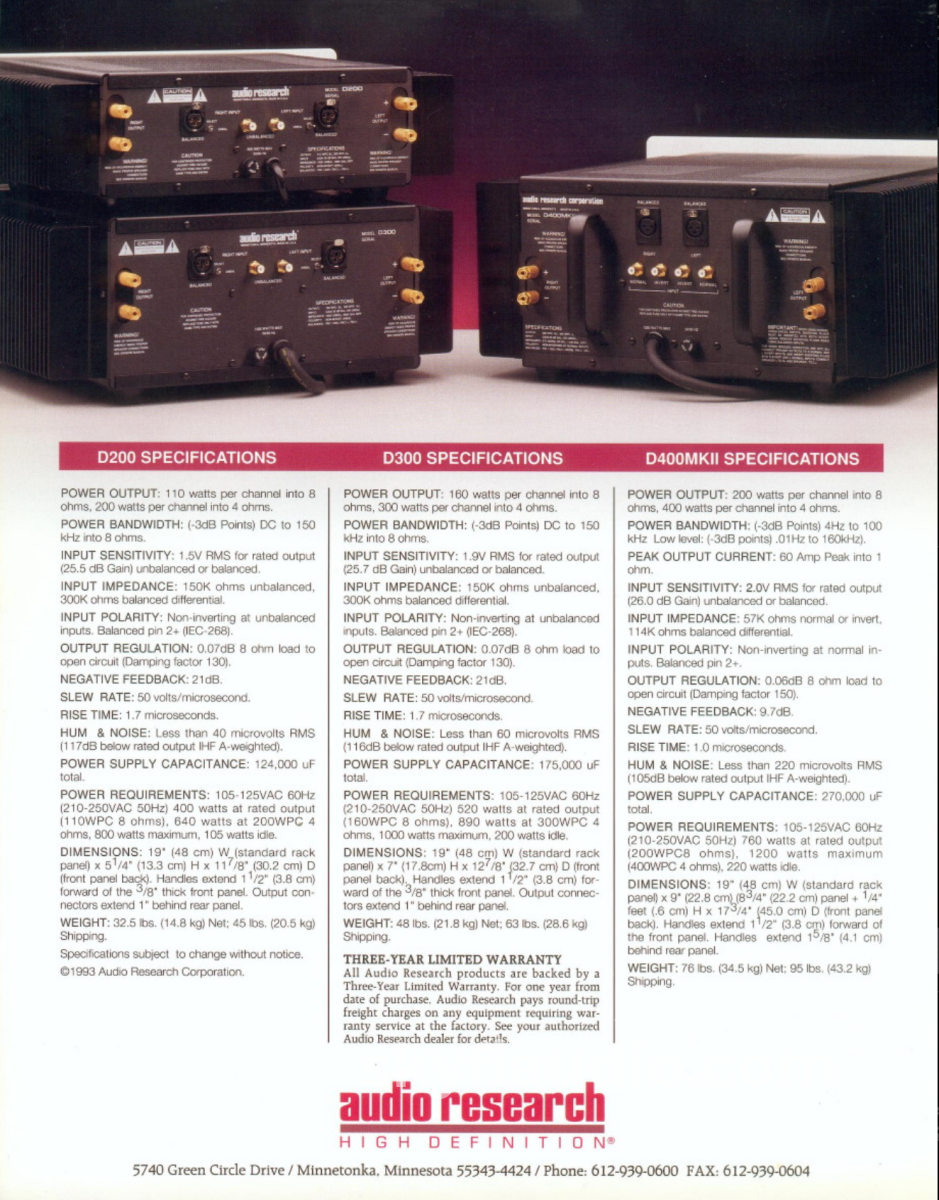 Audio Research D400 Mkii Solid State Amplifier Usa Made