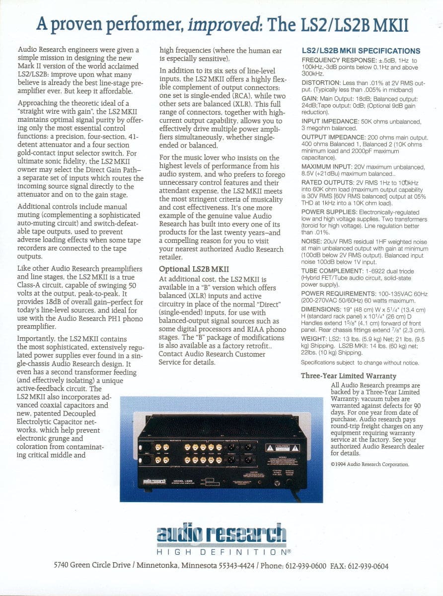 Audio Research Ls2B Mkii - Tube / Solid State Hybrid Line Stage Preamplifier