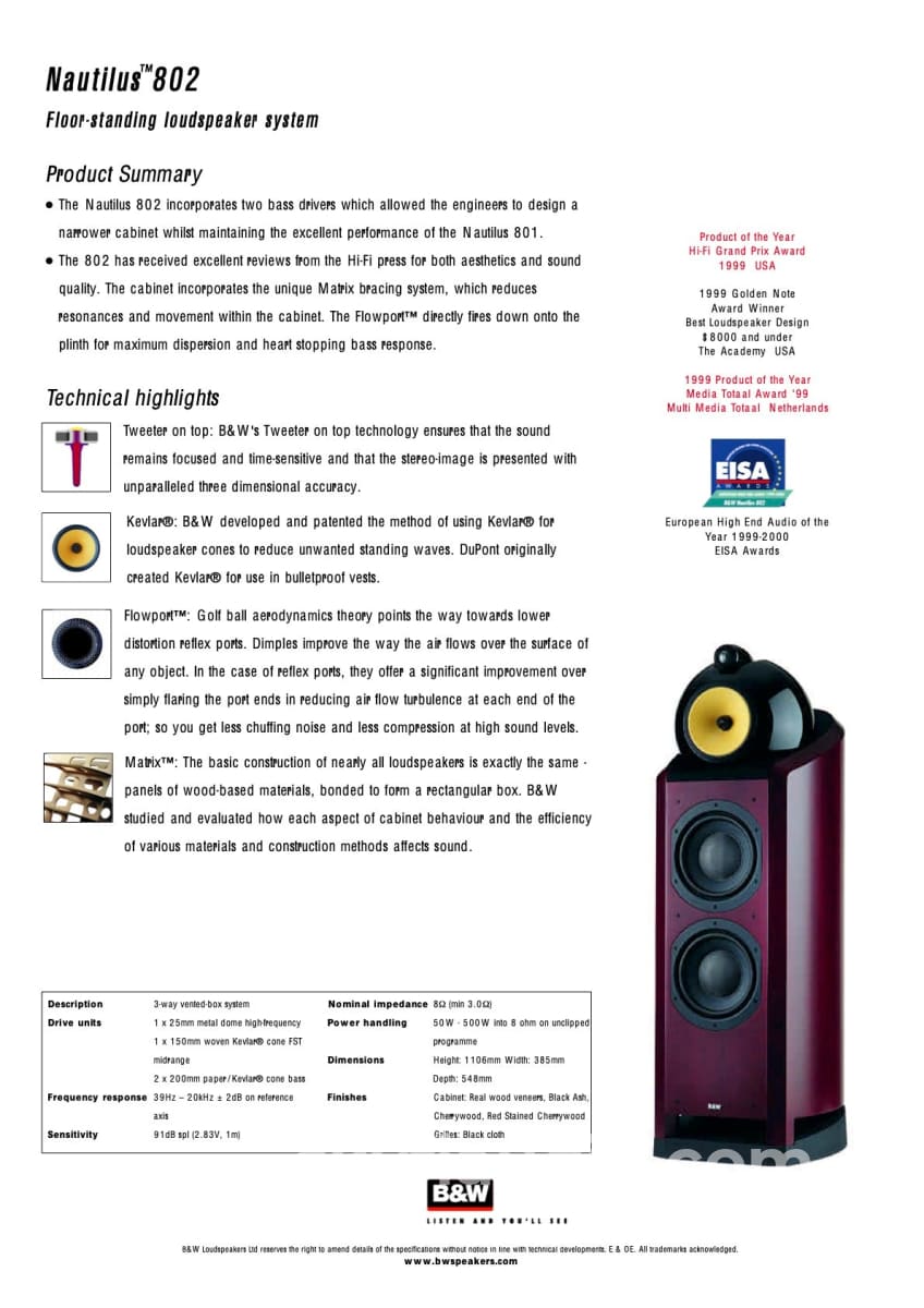B&W (Bowers & Wilkins) Nautilus 802 Speakers In Cherry