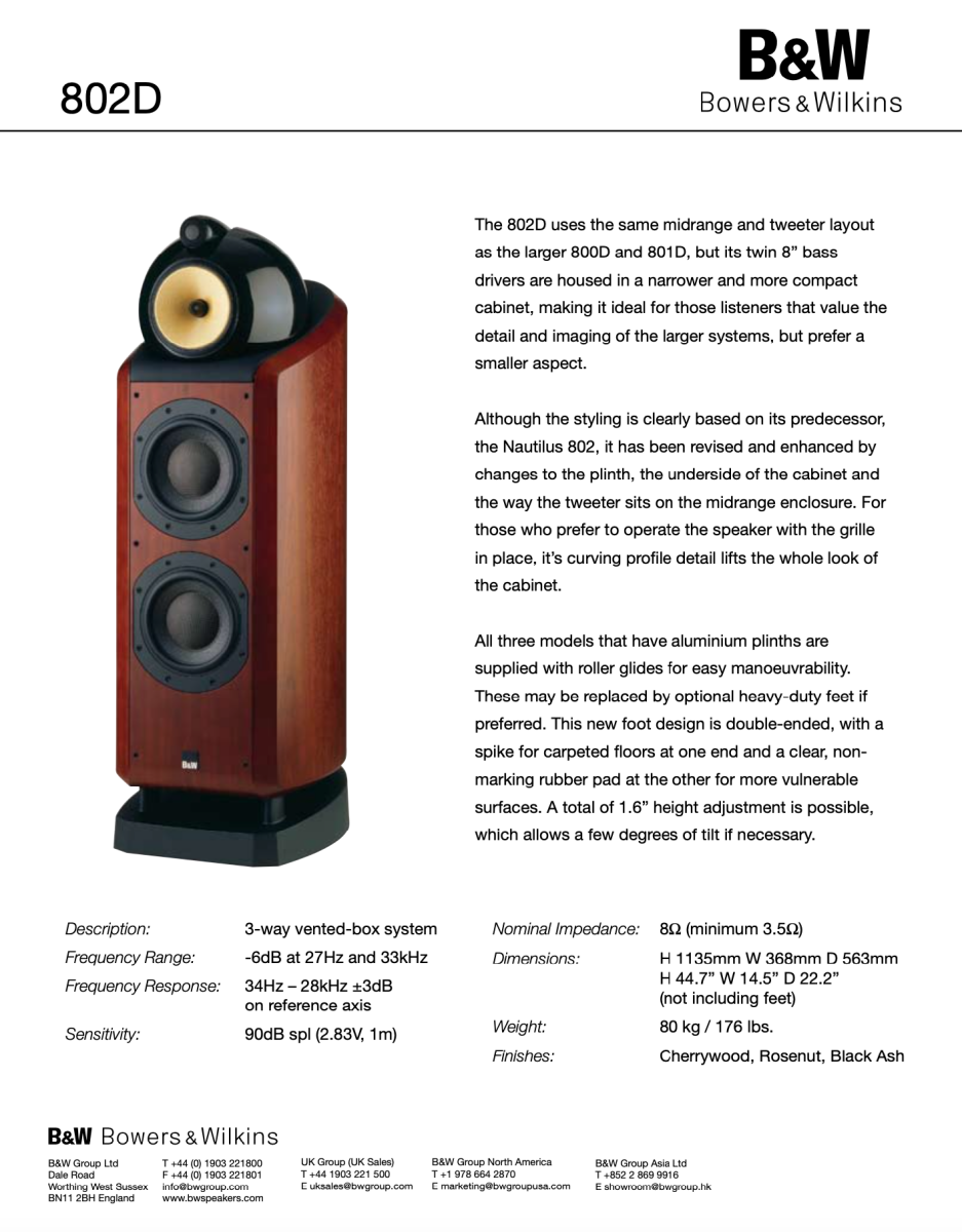 Bowers & Wilkins 802D Speakers In Cherrywood - Like New