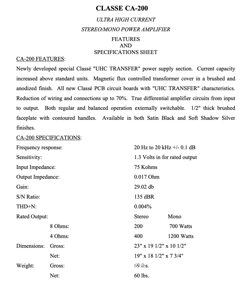 Classe Audio Ca-200 Ultra High Current Stereo/Mono Power Amplifier - 200W