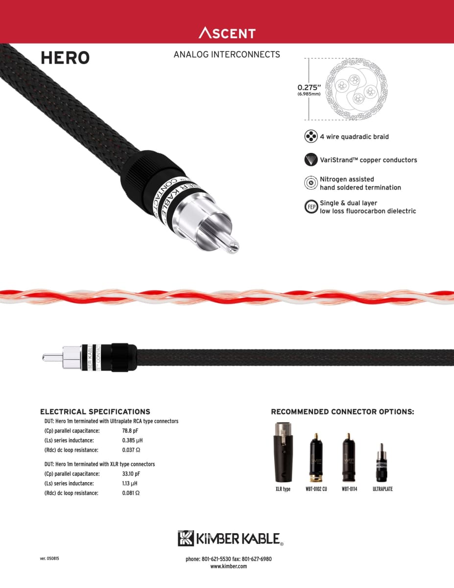 Kimber Kable - Ascent Series Hero Analog Interconnects (Pair) Balanced Xlr Connectors New Cables