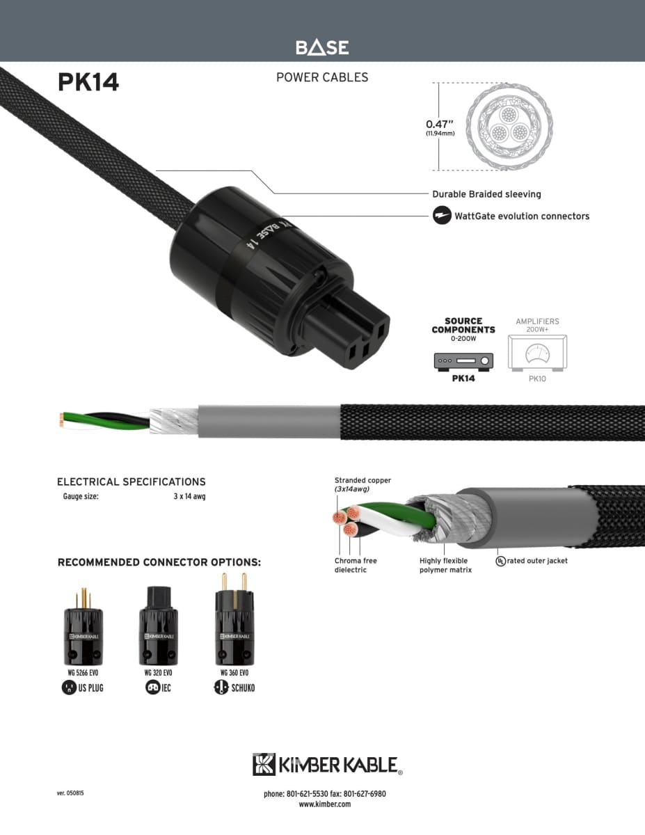 Kimber Kable - Base Series Pk14 Power Cord Brand New Cables