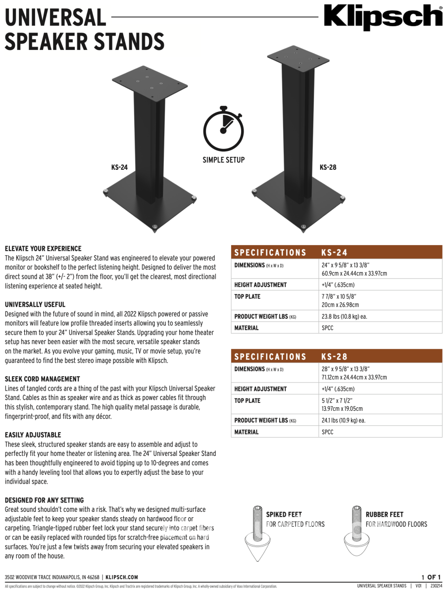Klipsch KS-24 Bookshelf Speaker Stands For ’The Sevens and Nines I & II’ - New - Accessory