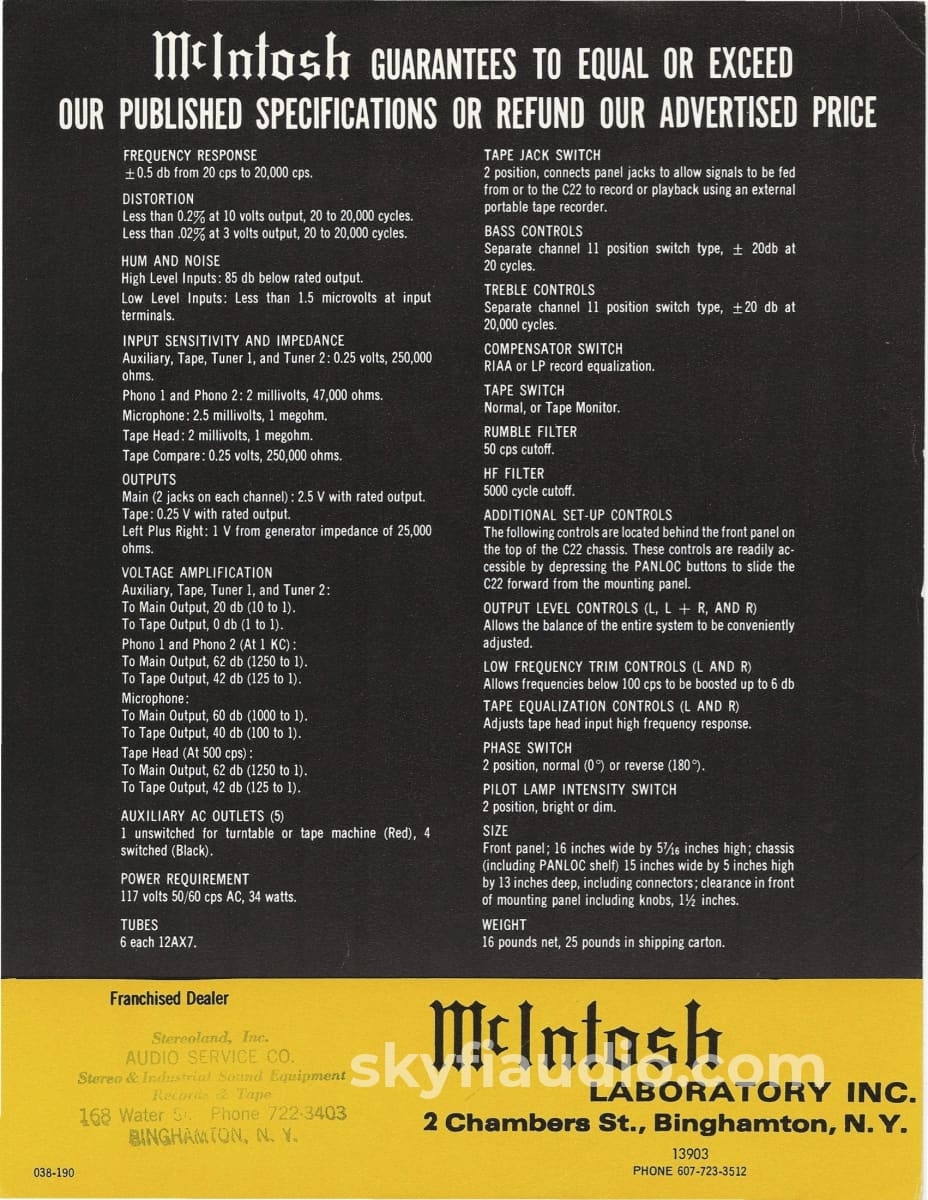 Mcintosh C22 Vintage All-Tube Preamp - Collectors Edition Skyfi Restored Preamplifier