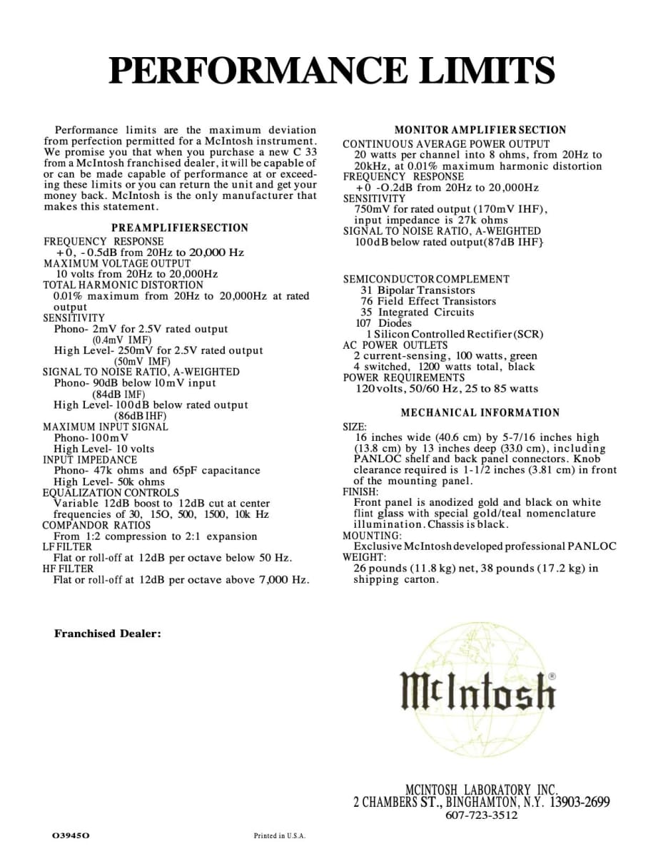 Mcintosh C33 Vintage Audio Preamplifier With Wood Cabinet