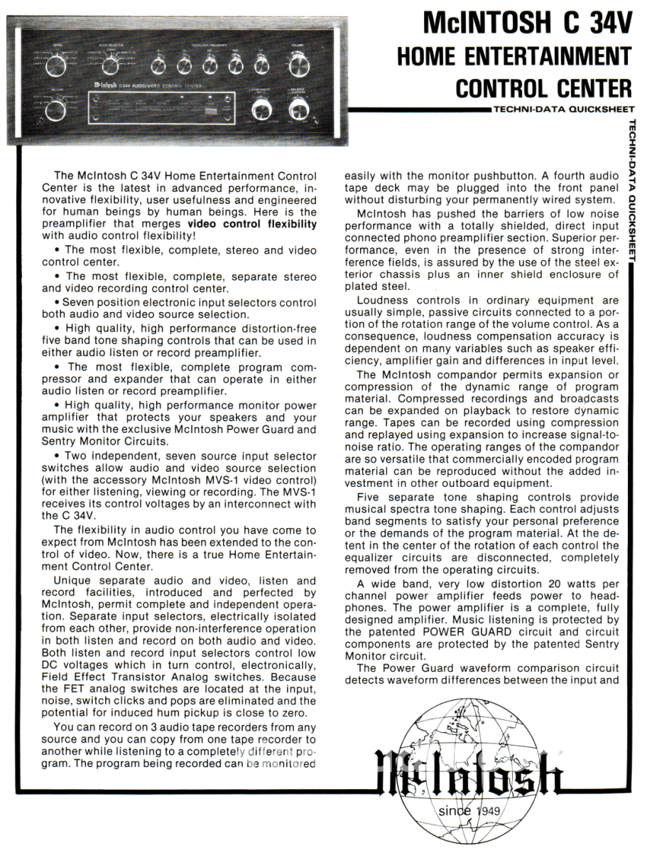 Mcintosh C34V Vintage Preamp With 20W X 2 Monitor Amp Section And 5-Band Eq Integrated Amplifier