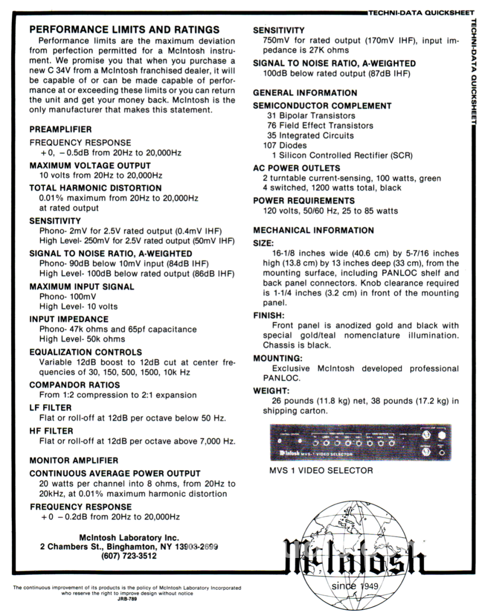 Mcintosh C34V Vintage Preamp With 20W X 2 Monitor Amp Section And 5-Band Eq Integrated Amplifier