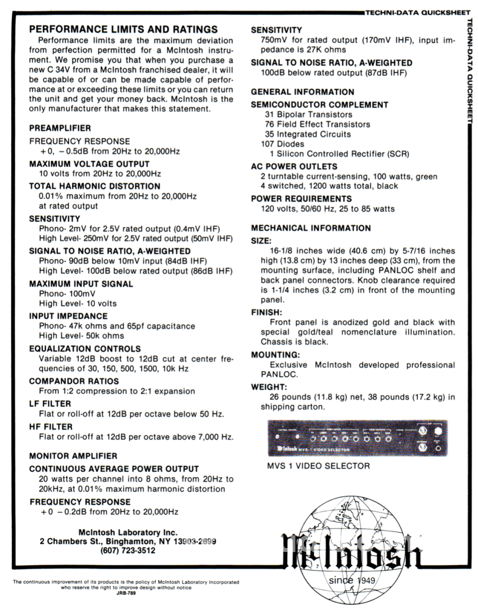 Mcintosh C34V Vintage Preamp With 20W X 2 Monitor Amp Section And 5-Band Eq Integrated Amplifier