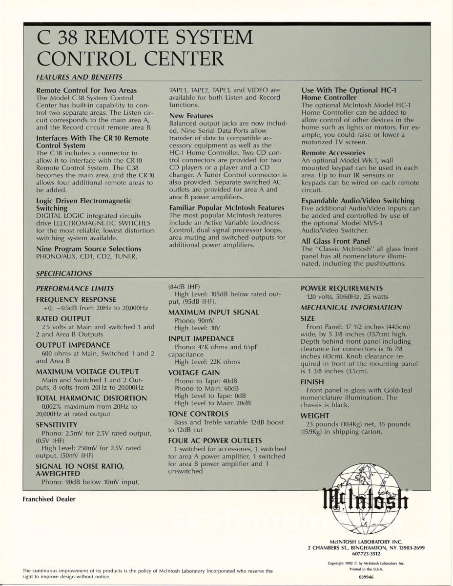 Mcintosh C38 Preamplifier - Full Featured Including Phono Stage