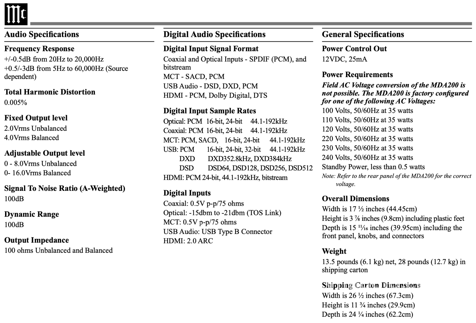 Mcintosh Mda200 Quad Balanced D/A Converter Cd + Digital