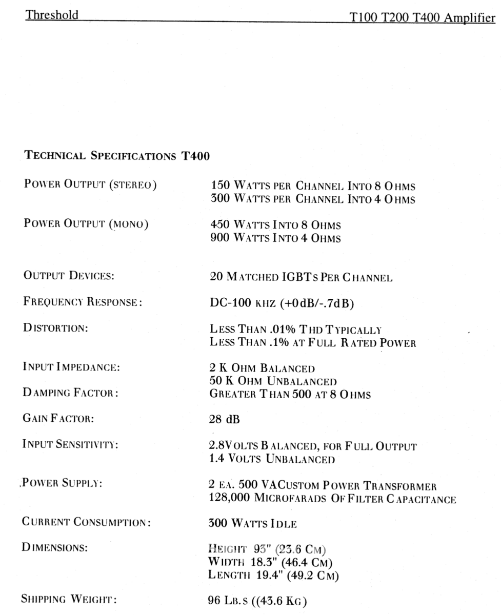 Threshold T-400 Almost Vintage Amplifier - Pure Class A Power