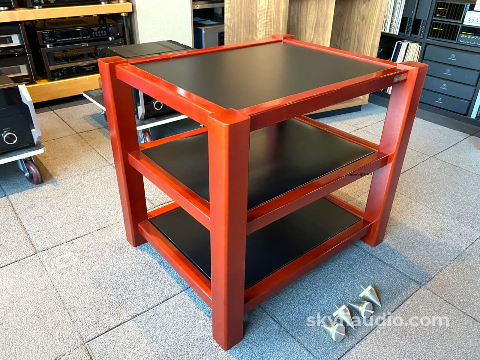 Zoethecus 3 Shelf Rack in Dark Red Wood with Spikes