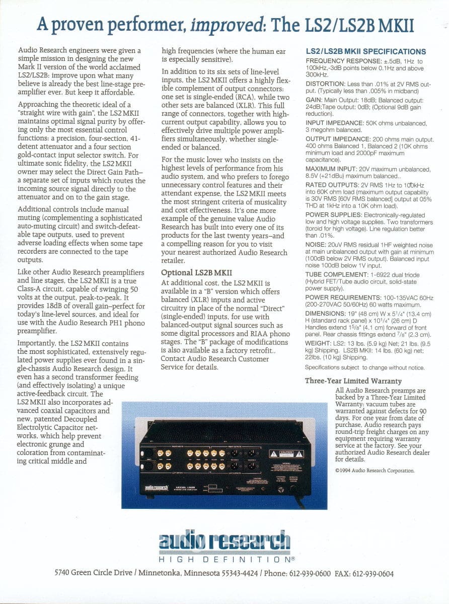 Audio Research Ls2B Mkii - Tube / Solid State Hybrid Line Stage Preamplifier