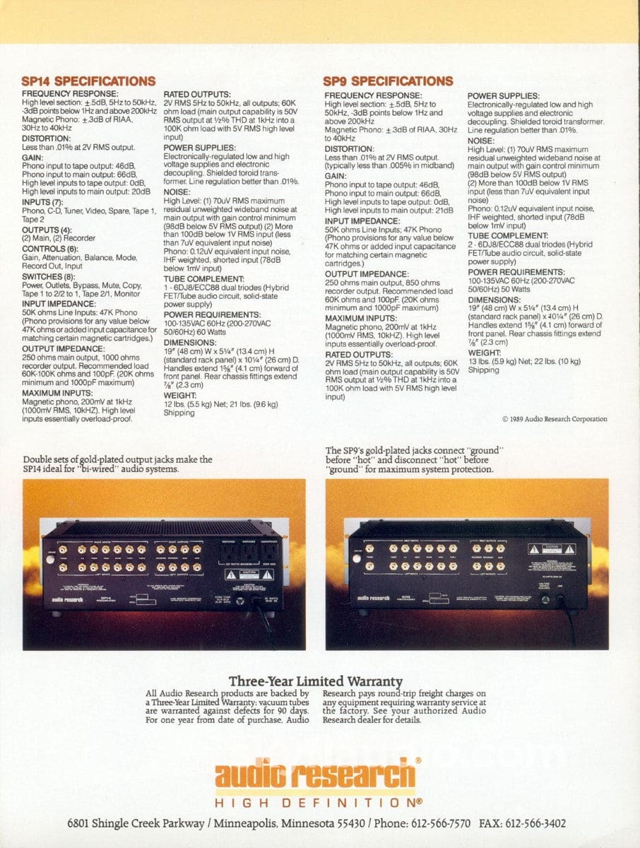 Audio Research Sp14 Hybrid Vintage Preamplifier With Phono