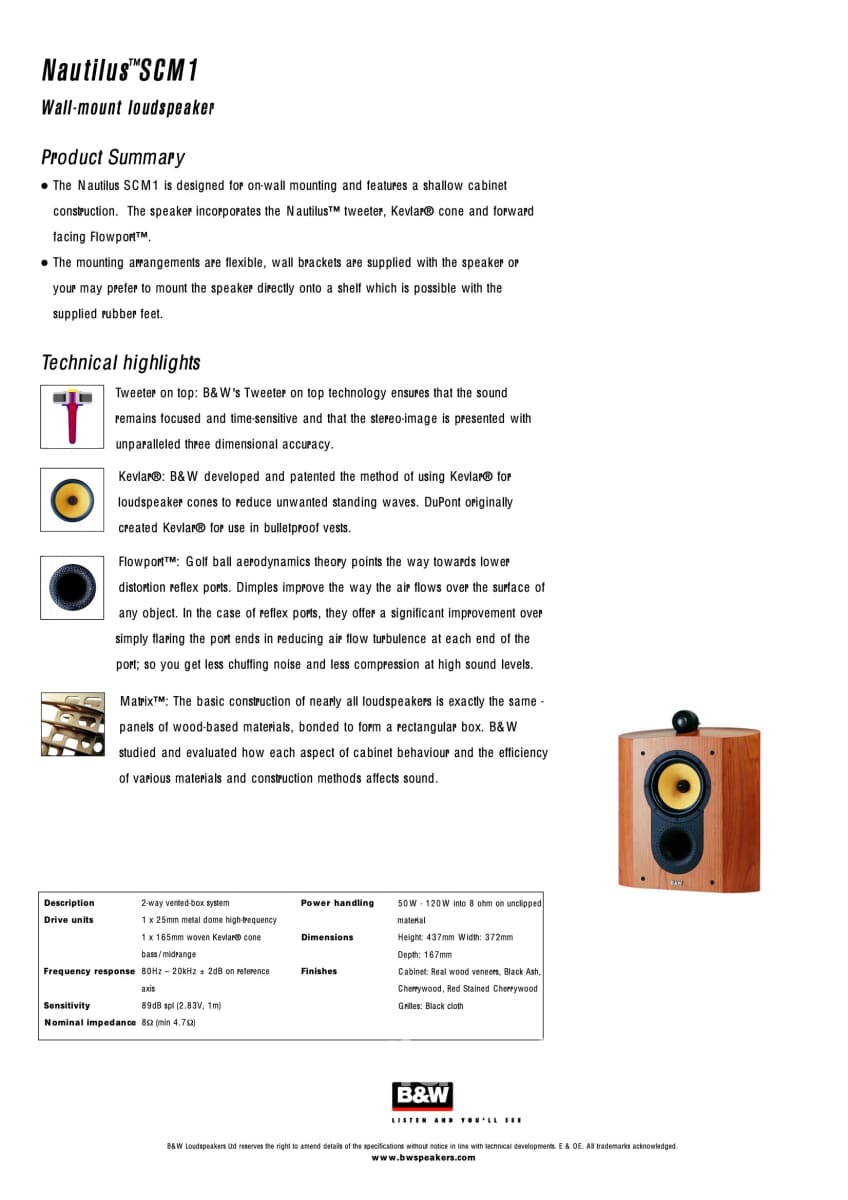 B&W (Bowers & Wilkins) Nautilus Scm1 Home Theater Speakers In Cherry