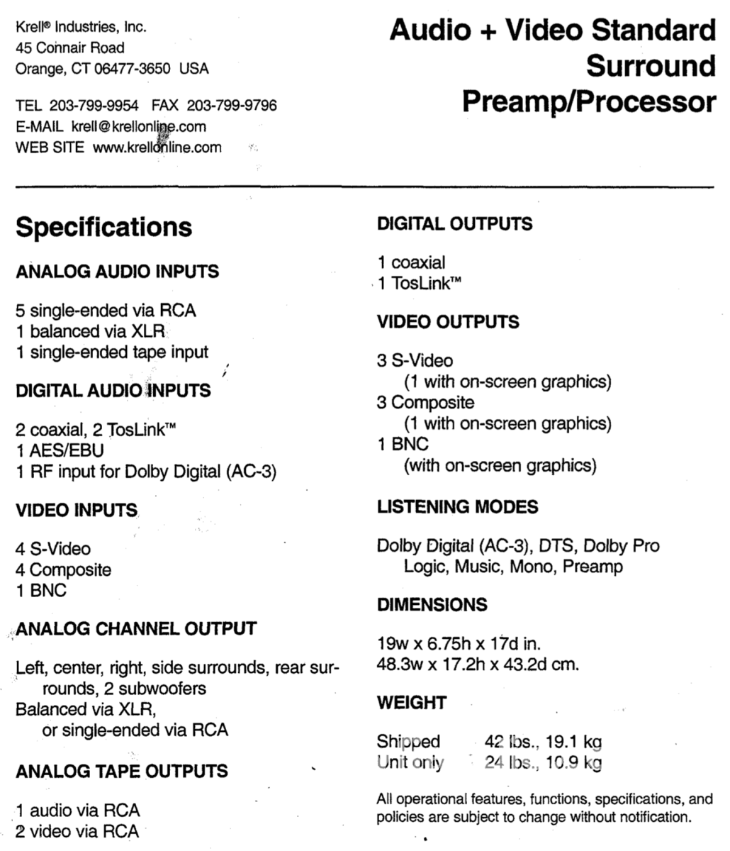 Krell Audio + Video Standard Preamp/Processor - A Well Kept Secret Preamplifier