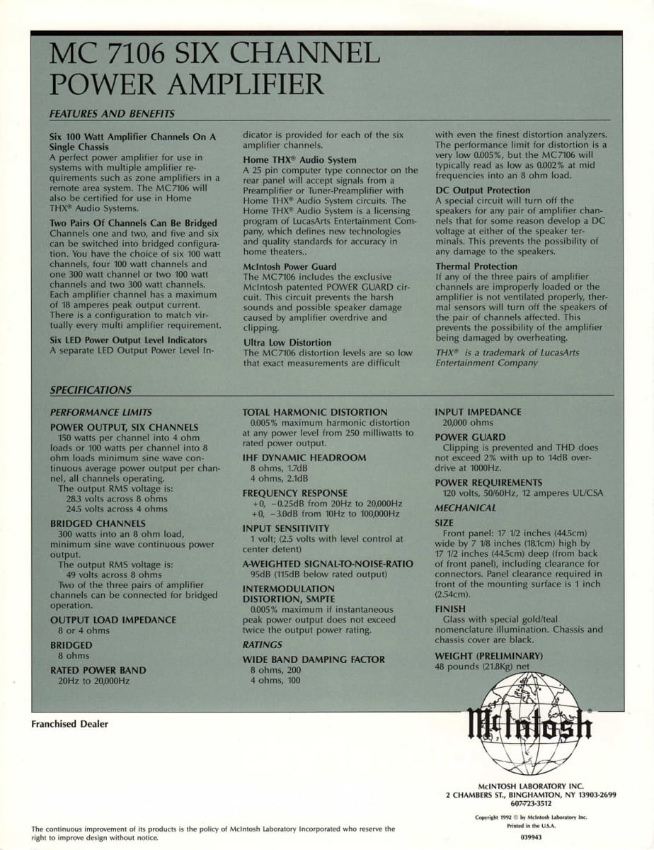 Mcintosh Mc7106 6 Channel Solid State W/Led Vu Meters Thx Amplifier