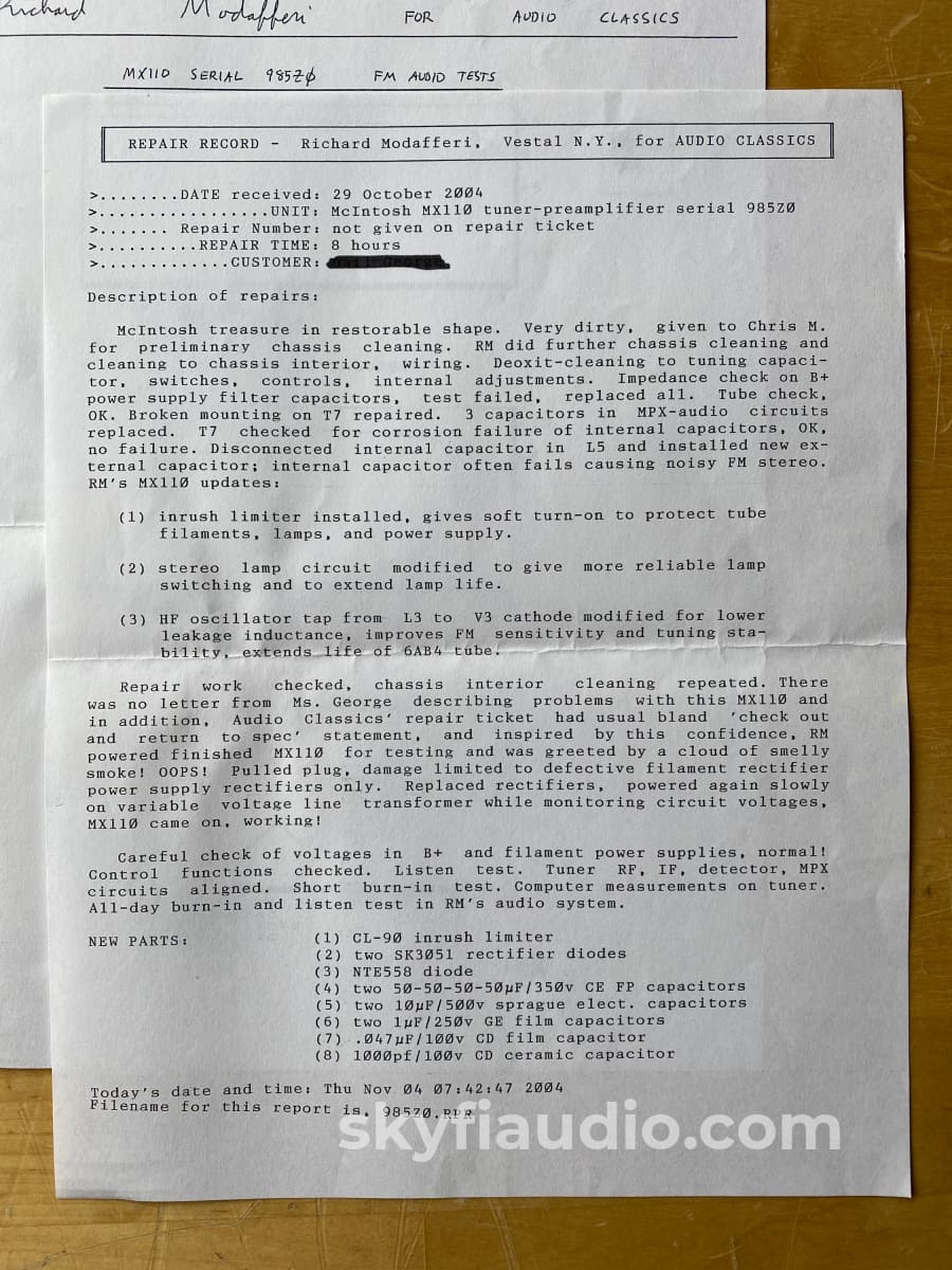 Mcintosh Mx110 Tube Tuner Preamp - Modafferi Upgraded & Skyfi Restored Preamplifier