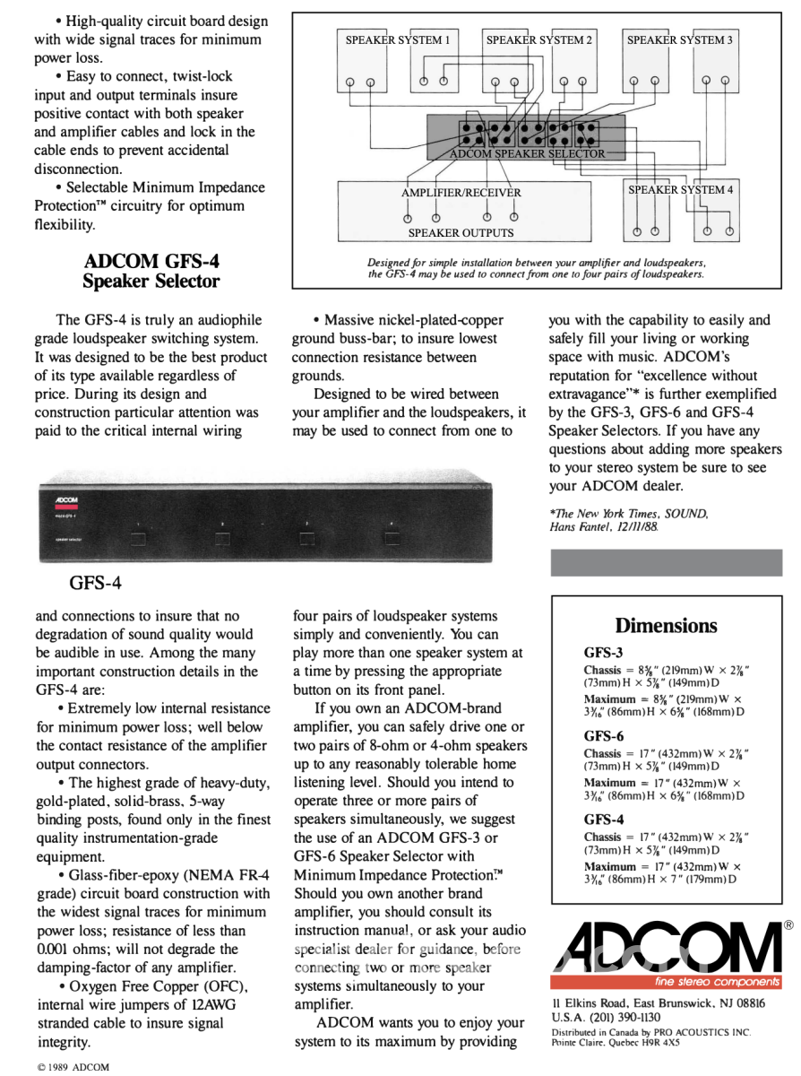 Adcom Gfs-3 Speaker Selector Accessory