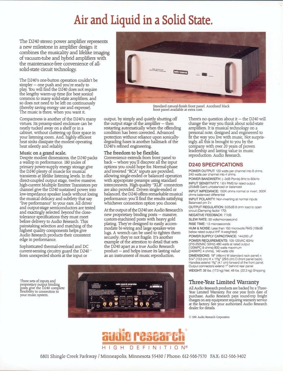 Audio Research D240 Mkii Amplifier - Serviced And Powerful