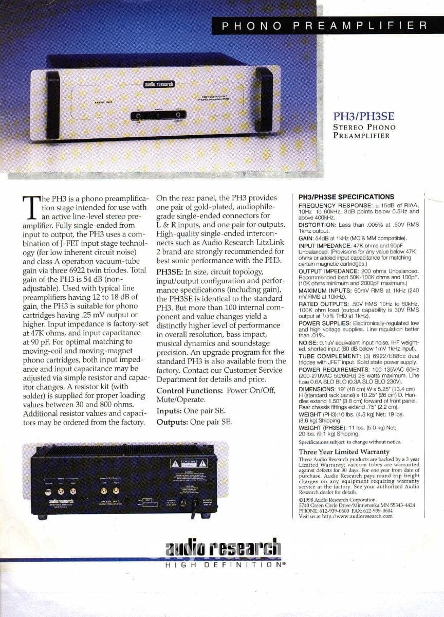 Audio Research Ph-3Se Special Edition Tube Phono Preamp Complete Kit Preamplifier
