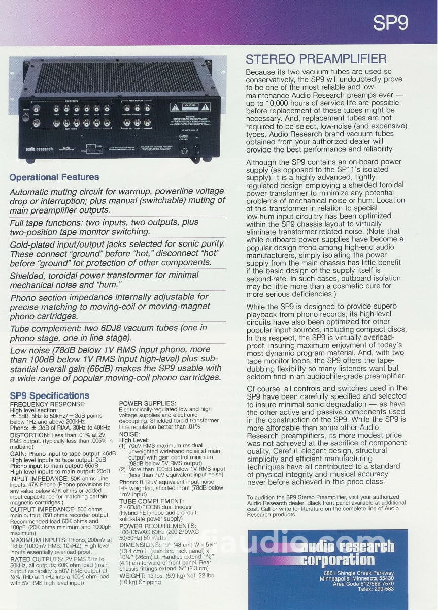 Audio Research Sp9 Tube / Solid State Hybrid Preamp With Phono Input Preamplifier