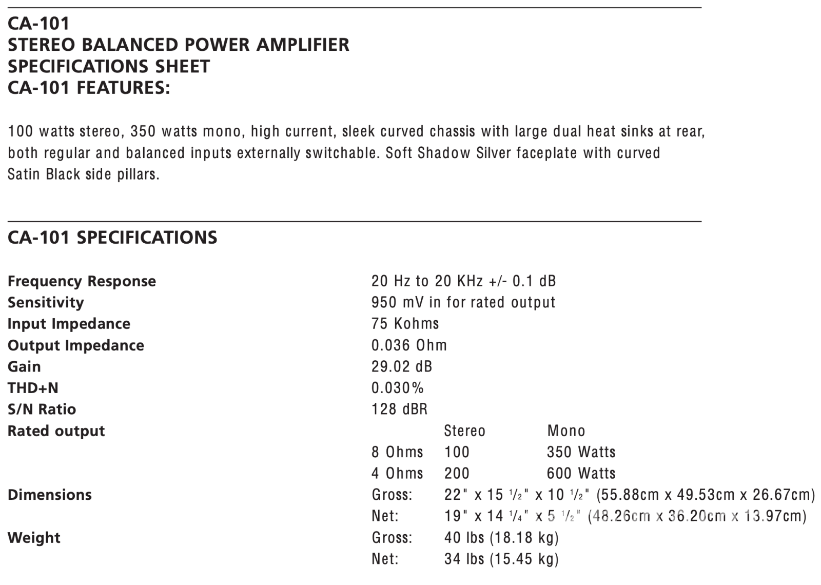 Classe Audio - Ca-101 Solid State Amplifier In Two Tone Finish Tested Fully Amplifier
