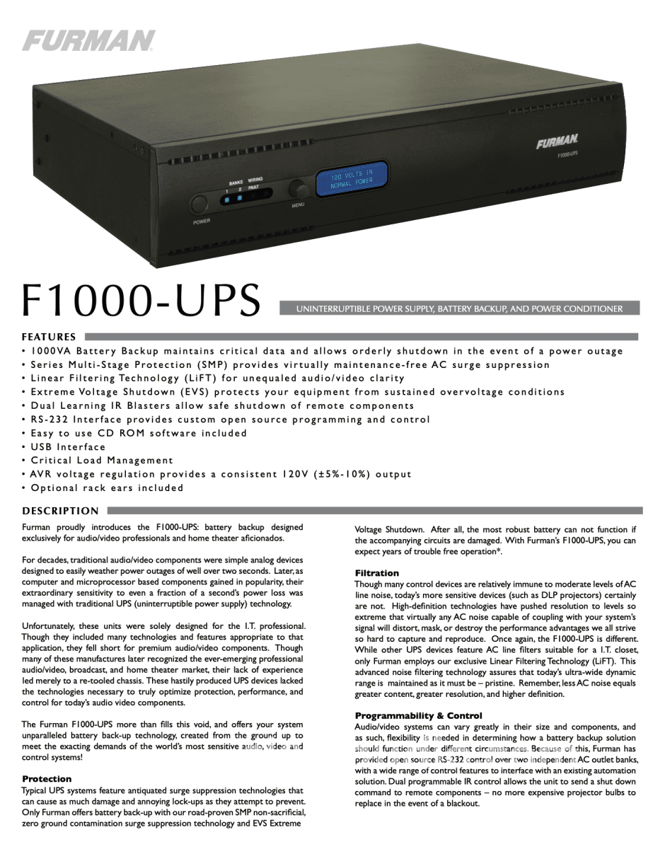 Furman F1000-Ups And Power Conditioner Serviced With Fresh Batteries