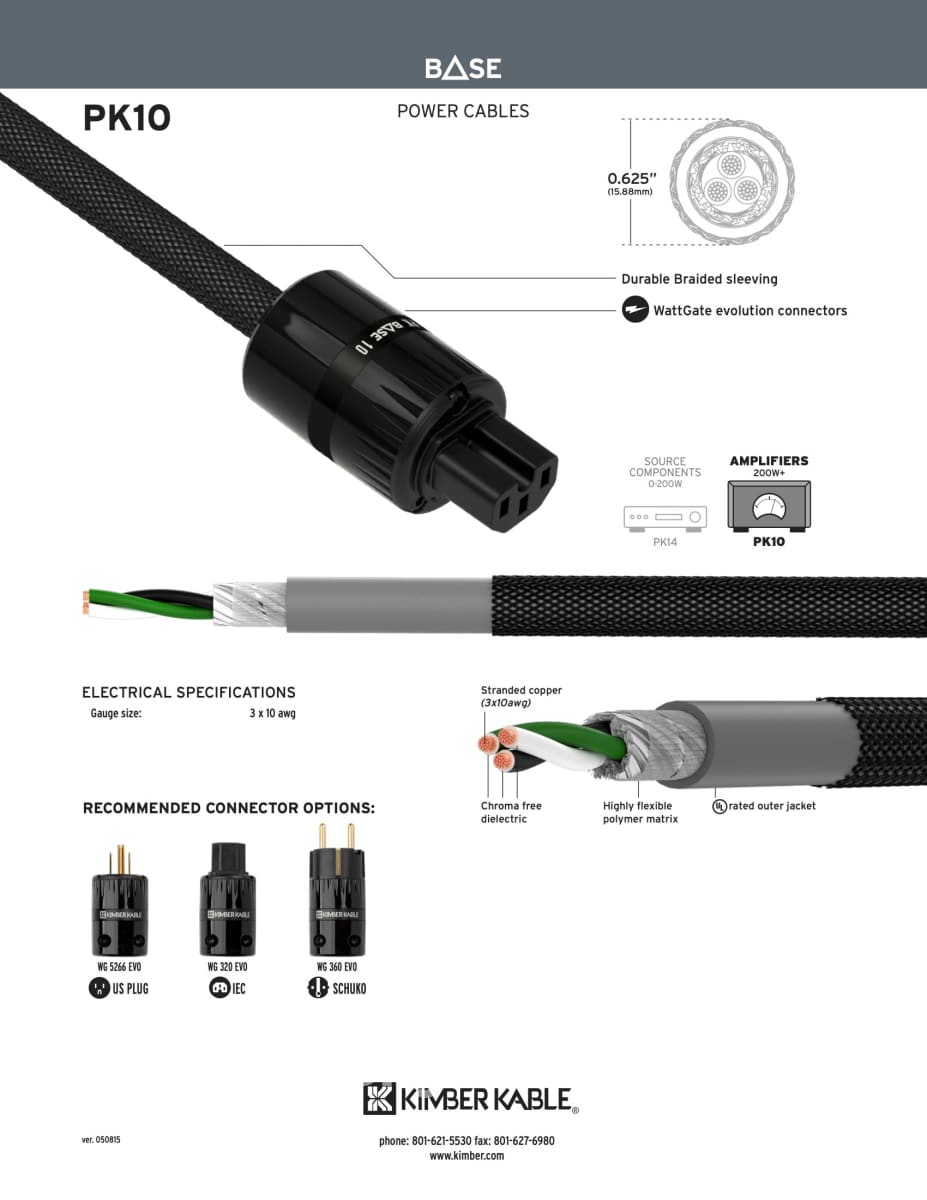 Kimber Kable - Base Series Pk10 Power Cord New Cables