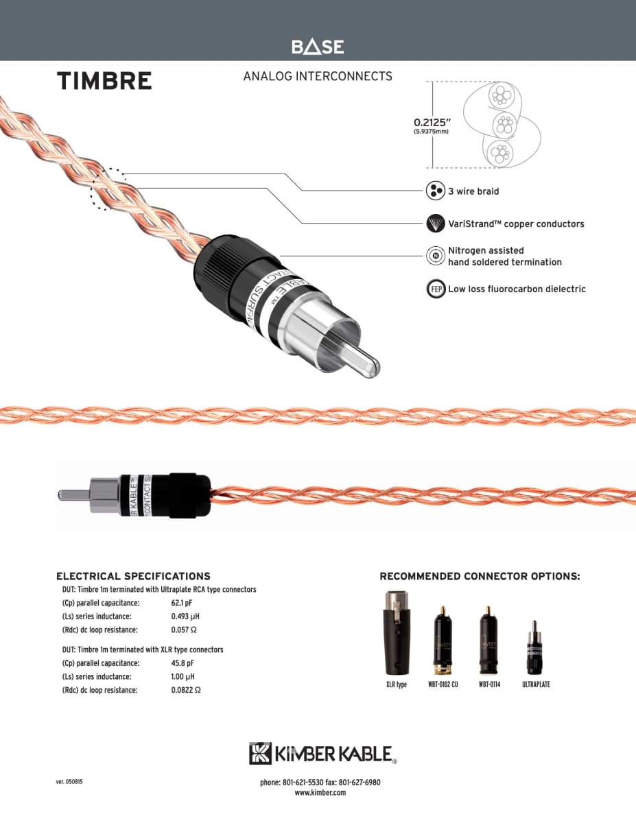 Kimber Kable - Base Series Timber Analog Interconnects (Pair) Balanced Xlr Connectors New Cables