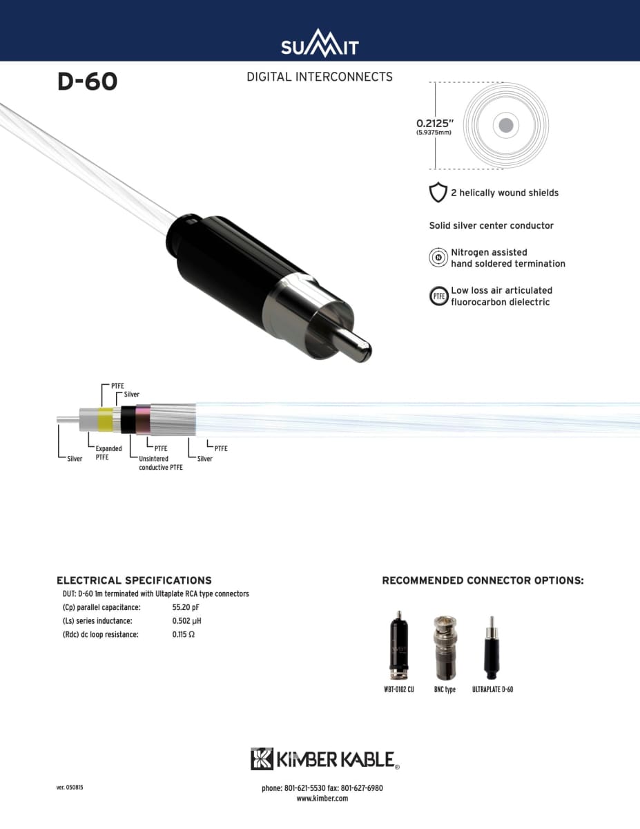 Kimber Kable - Summit Series D-60 Digital Interconnect Rca Bnc Or Wbt Terminations New Cables