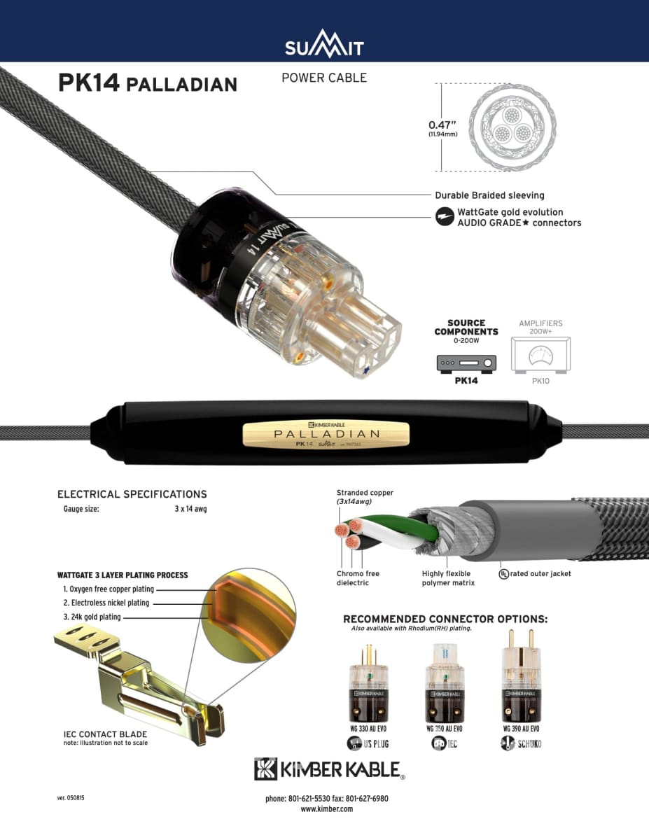 Kimber Kable - Summit Series Pk14 Palladian Power Cord New Cables