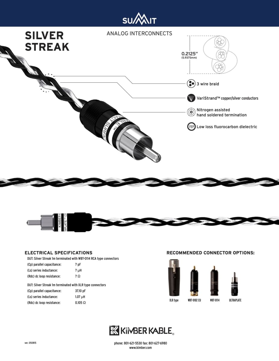 Kimber Kable - Summit Series Silver Streak Analog Interconnects (PAIR) -  RCA Ultraplate or WBT Connectors - New
