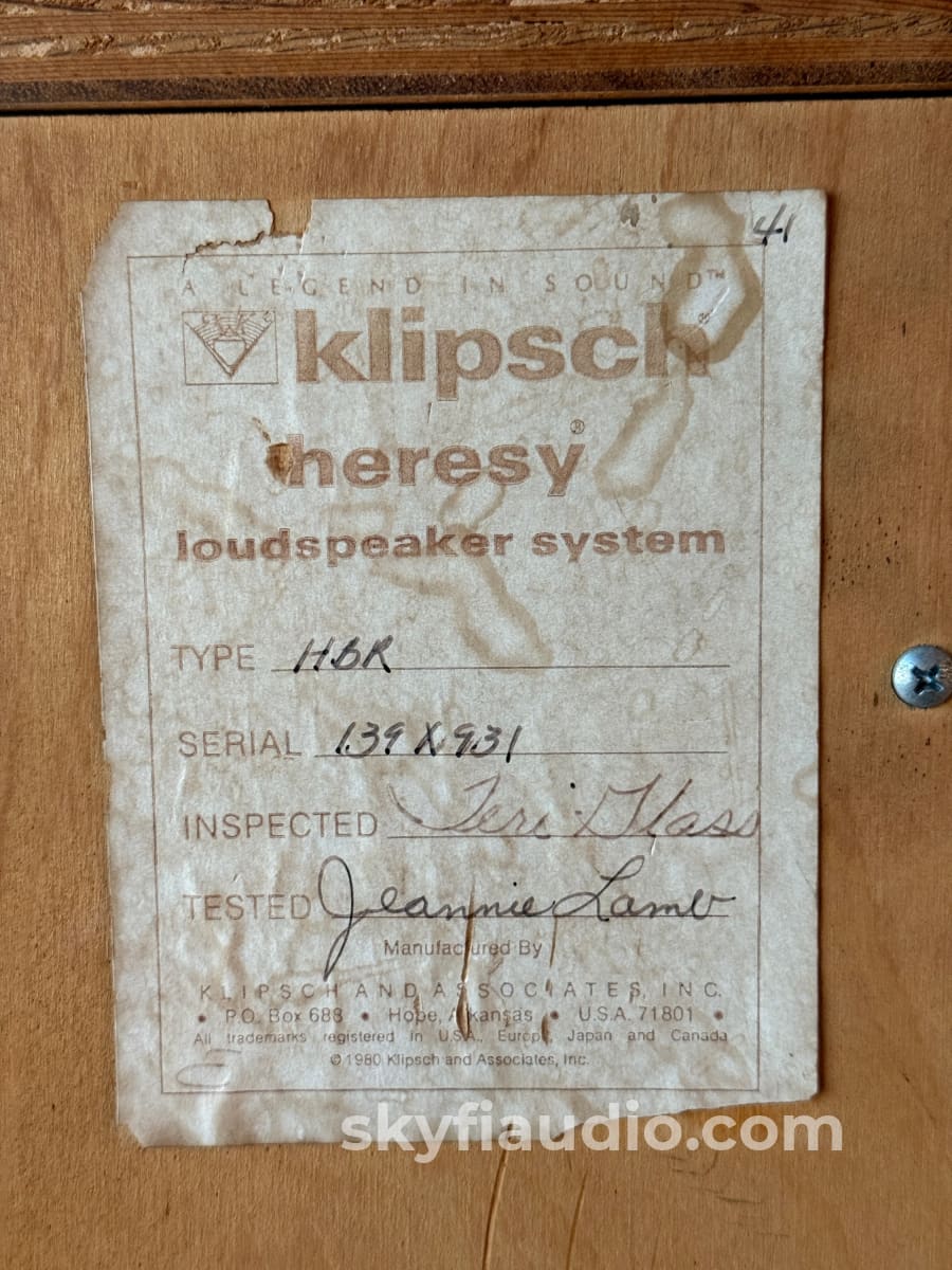Klipsch Heresy 1.5 HBR Raw Birch w/ Rustic Oil Patina 1982 Consecutive Serials Speakers