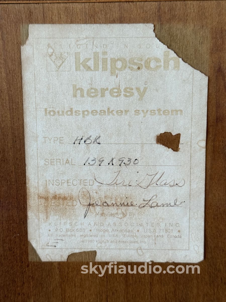 Klipsch Heresy 1.5 HBR Raw Birch w/ Rustic Oil Patina 1982 Consecutive Serials Speakers