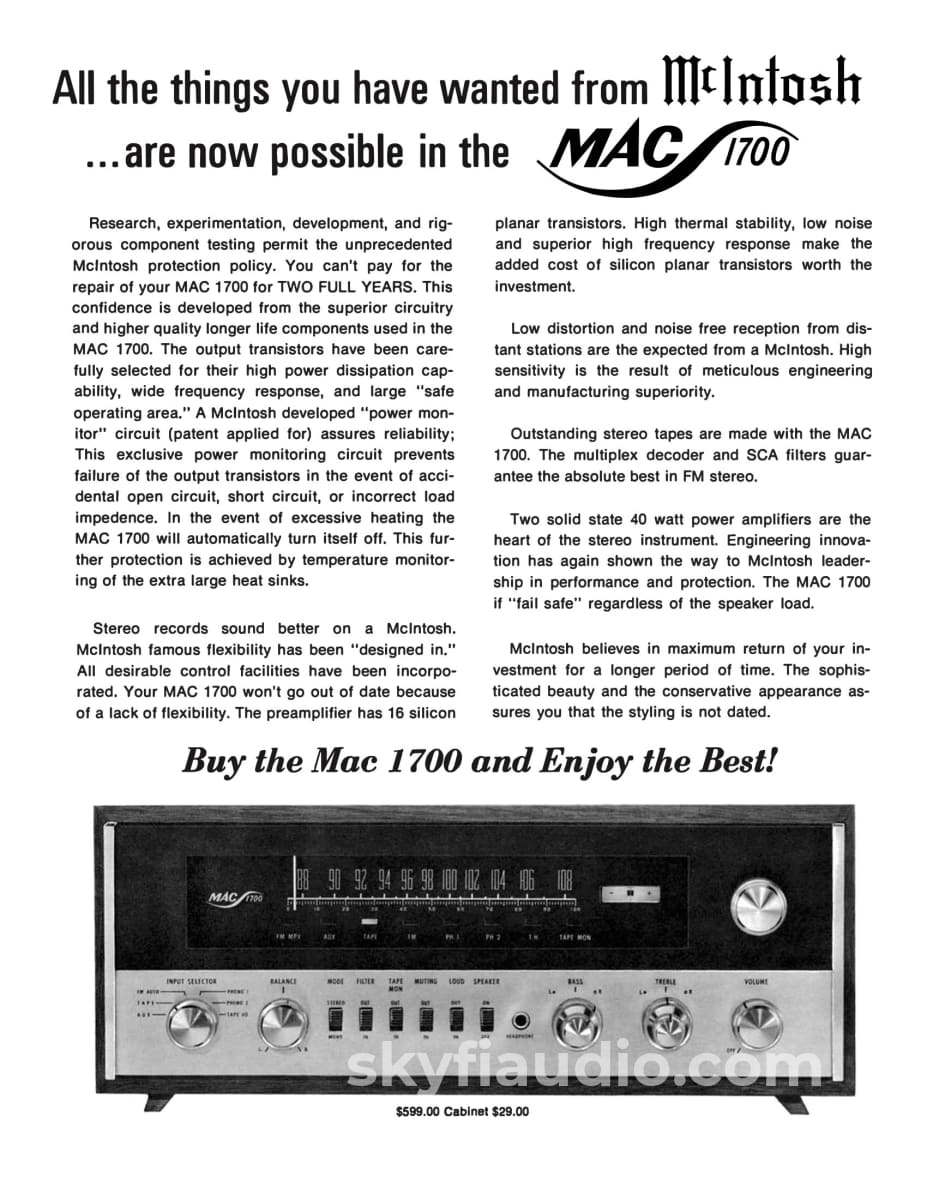 Mcintosh Mac1700 Vintage Tube/Transistor Receiver - Serviced Integrated Amplifier