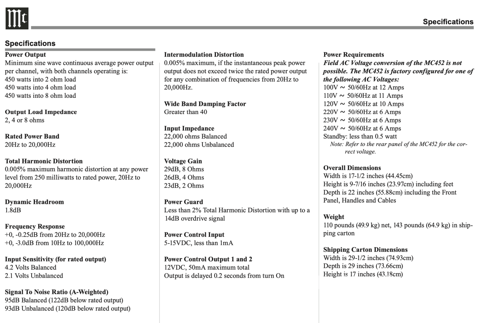 Mcintosh Mc452 Quad Balanced Power Amplifier 450W!
