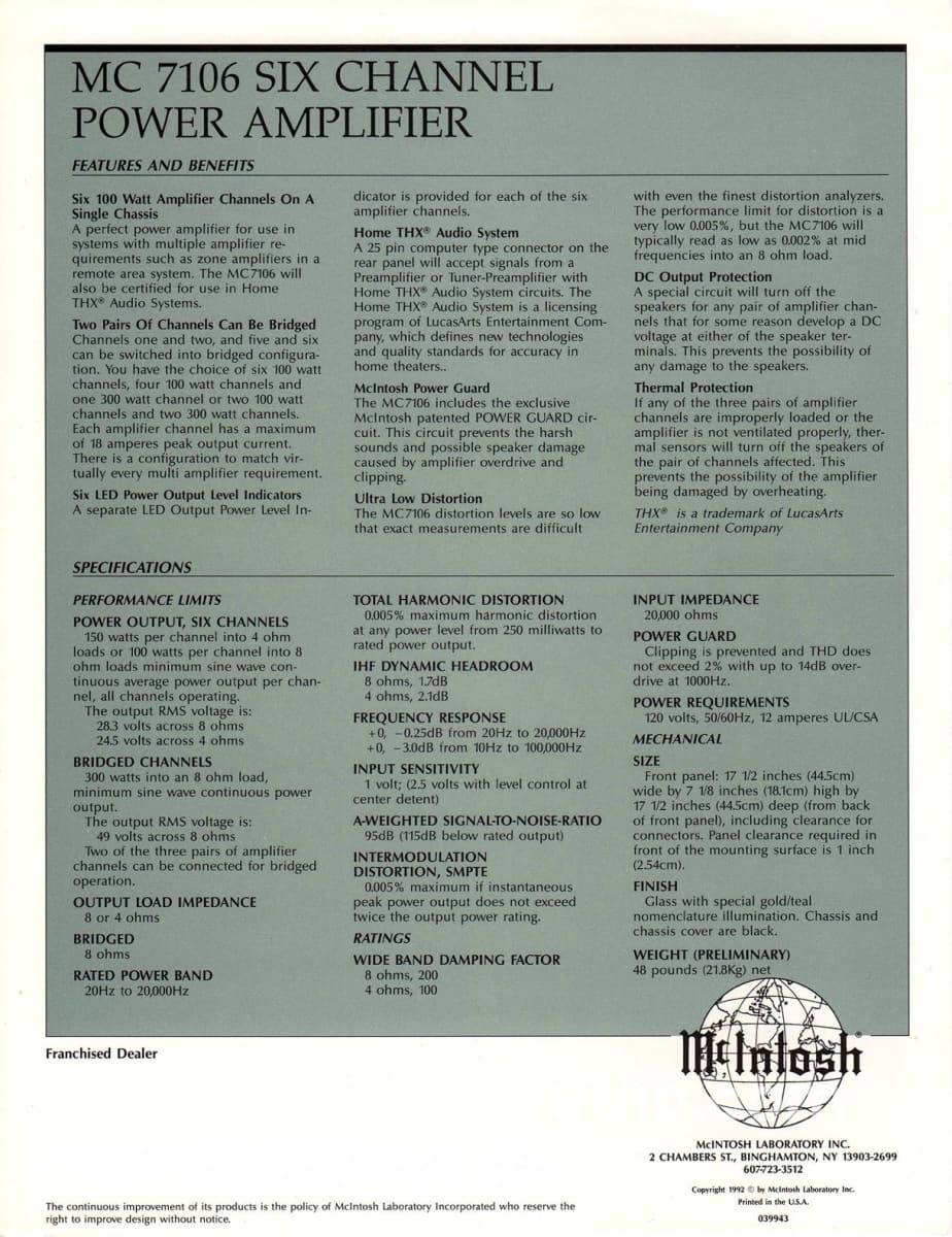 Mcintosh Mc7106 6 Channel Solid State W/Led Vu Meters Thx Amplifier