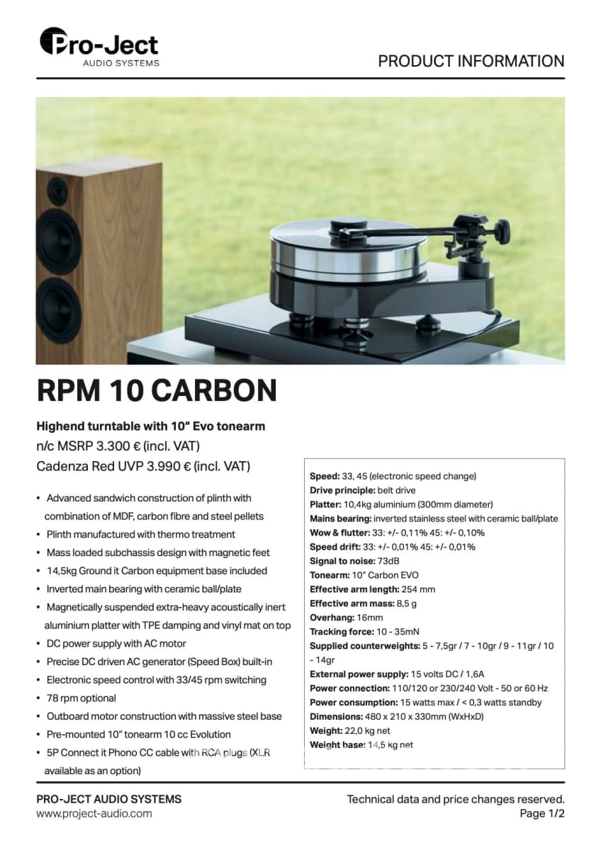 Pro-Ject Rpm 10 Carbon Turntable With Evo Arm And New Sumiko Songbird Cartridge