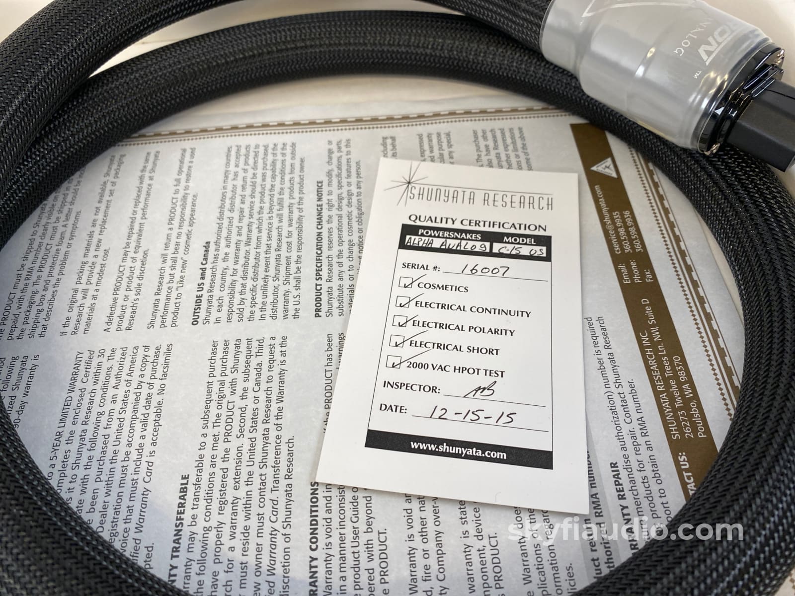Shunyata Research - Zi-Tron Alpha Analog C15 Custom Power Cable 1.25M Cables