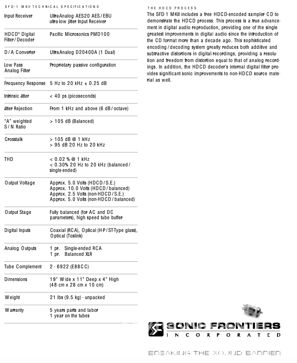 Sonic Frontiers Sfd-1 Mkii Digital Processor Vintage Tube Dac With Hdcd Chipset Cd +