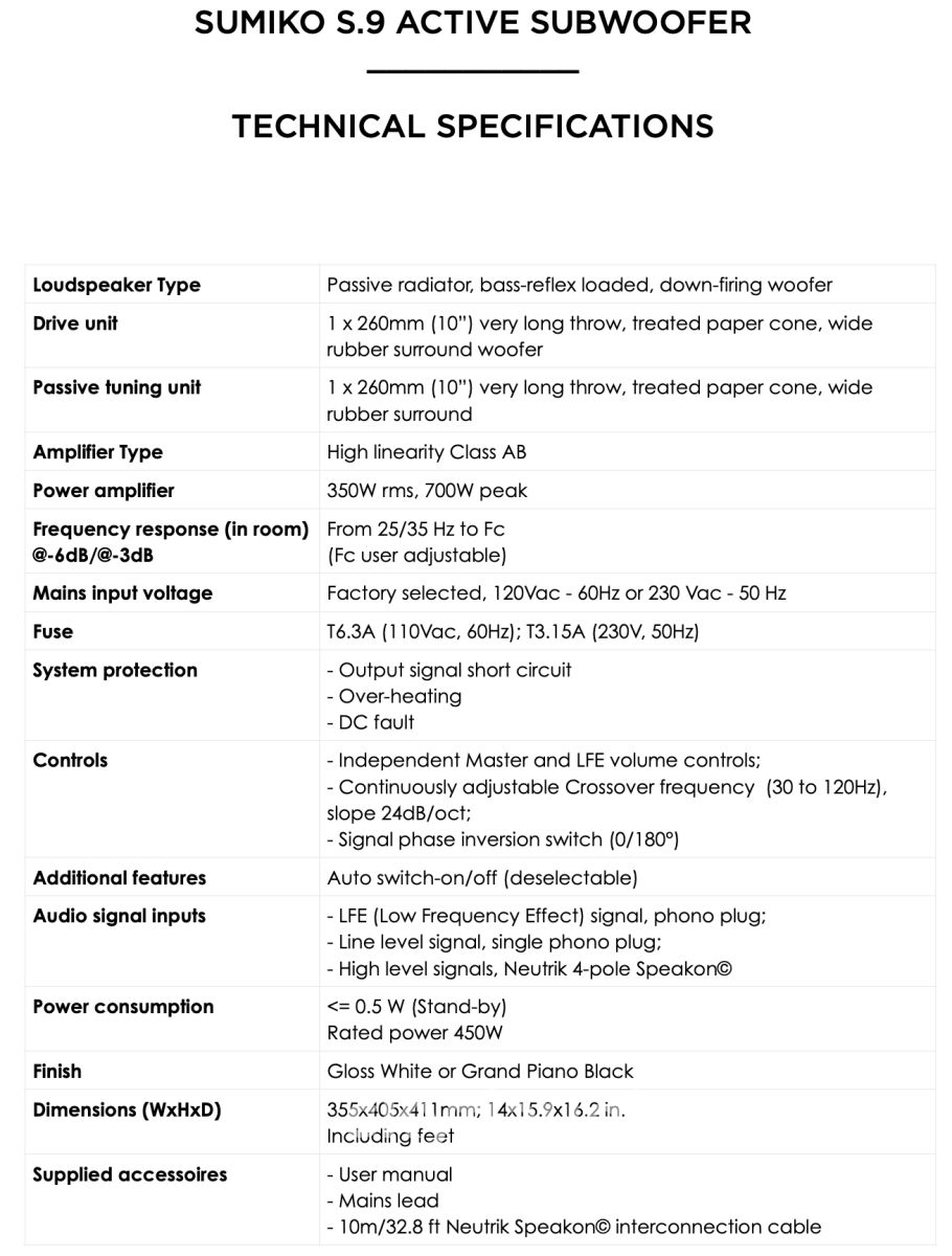 Sumiko S.9 Subwoofer - 350 Watt Amplifier 10 Very Long Throw Woofer Speakers