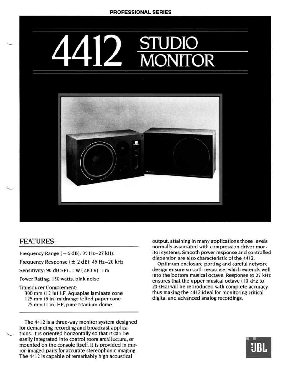 Jbl 4412 Vintage Studio Monitor Speakers In Survivor Condition