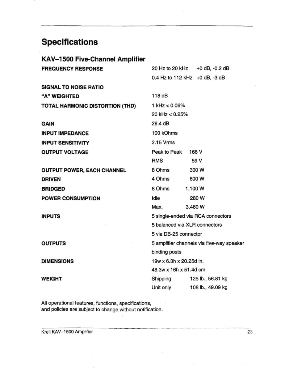 Krell Kav-1500 Five-Channel Home Theater Amplifier