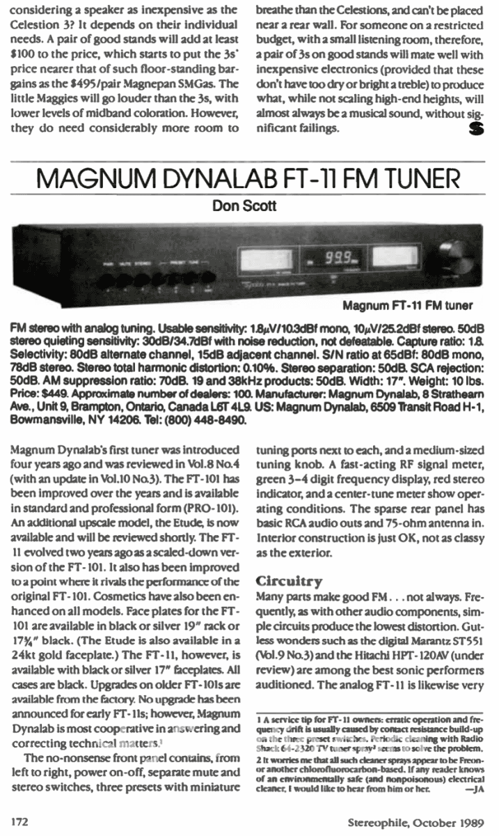 Magnum Dynalab Ft-11 Analog Fm Tuner