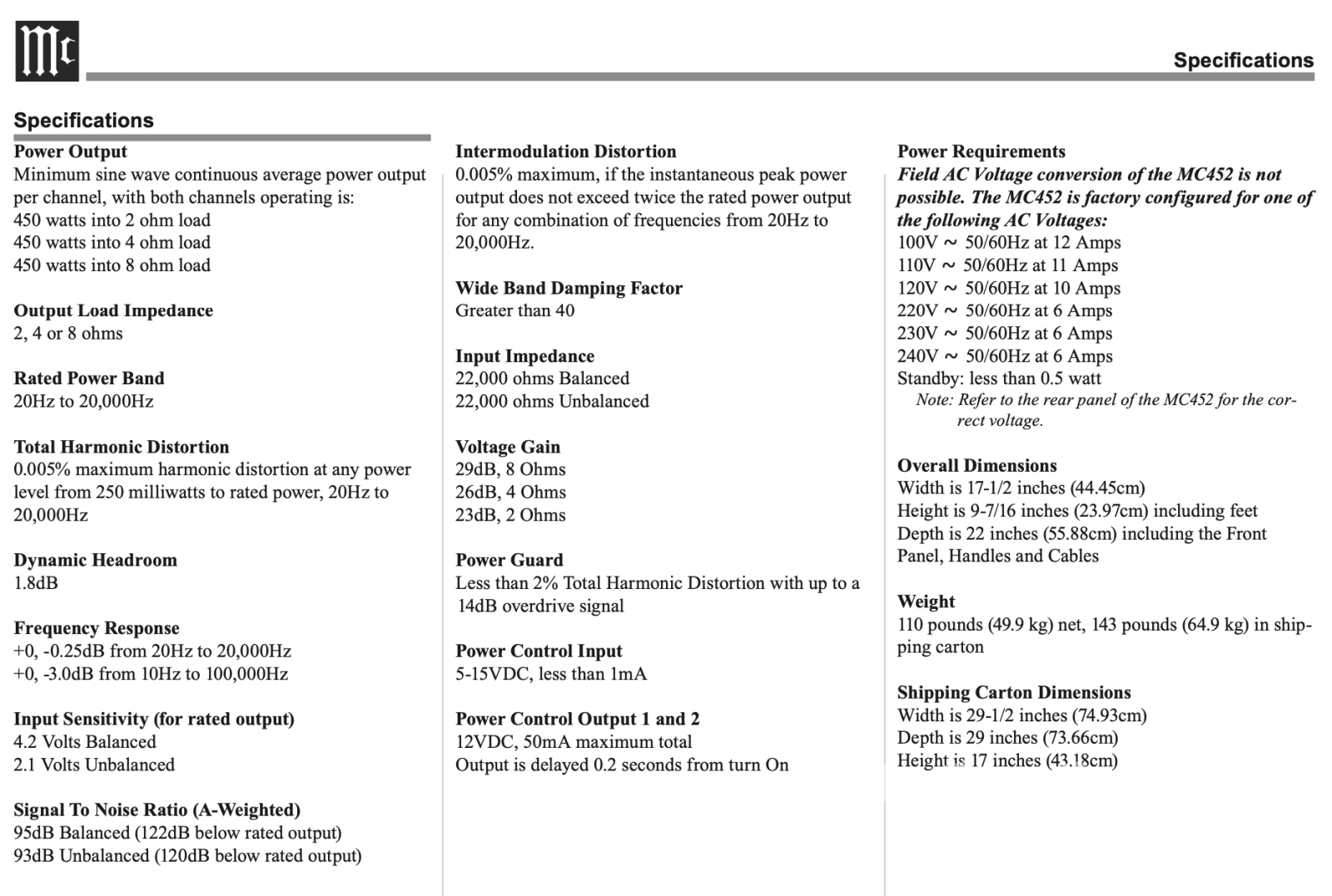 McIntosh MC452 Quad Balanced Power Amplifier With 450W